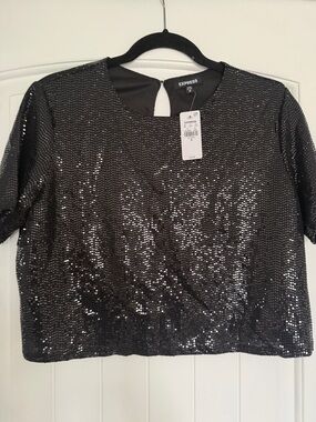 Express Black Sequin Crop loose Top M